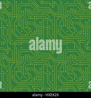 Technology background with golden microchip on green motherboard seamless pattern Stock Vector