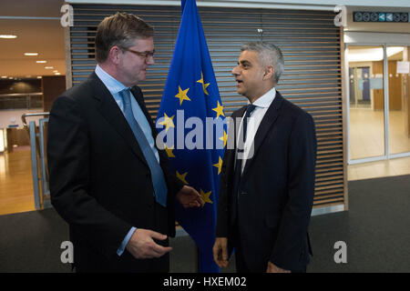Mayor of London, Sadiq Khan meets with Sir Julian King, Britain's EU commissioner, who holds the commission's security portfolio, during a visit to Brussels, The mayor is on a three day visit to Paris and Brussels where he will meet EU leaders and officials to talk about Brexit and the recent terror attack in London. Stock Photo