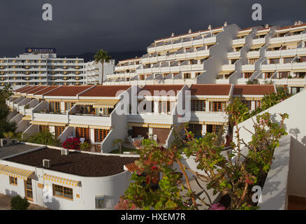 TENERIFE, SPAIN - FEBRUARY 26, 2016: Tenerife is the largest and most populous island of the seven Canary Islands. View to the building of hotel. Natu Stock Photo