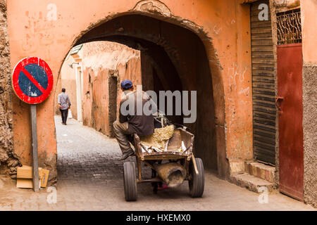 A man travels through an archway in a narrow street in Marrakesh on his mule & cart. Stock Photo