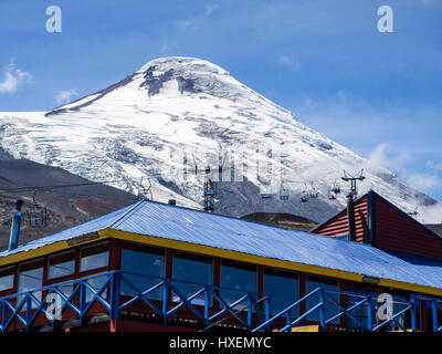Ski lift on the slope of volcano Osorno, ski center, next to cafeteria and other tourist services, chilean lake district,  Chile Stock Photo