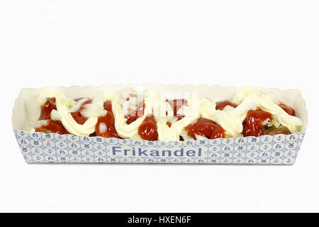 traditional Dutch frikandel special in a cardboard container isolated on white background Stock Photo