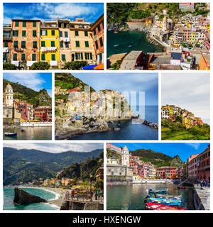 Collage of Cinque Terre photos in Italy (Vernazza, Manarola, Monterosso al Mare, Corniglia, Riomaggiore) Stock Photo