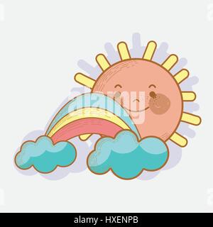 kawaii happy sun with cloud and rainbow Stock Vector