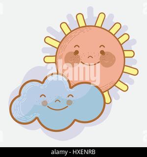 kawaii sun and cloud with cheeks and eyes Stock Vector