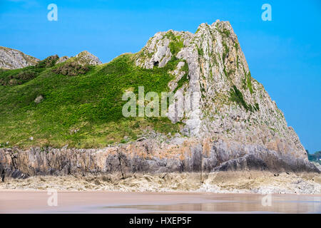Great Tor in Oxwich Bay, Gower Peninsula, South Wales (UK), a popular place for local rock climbers. Stock Photo
