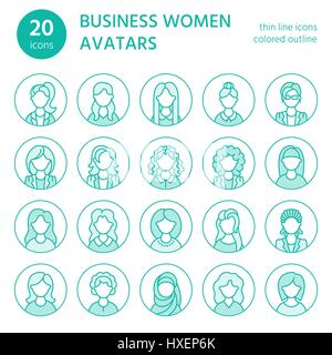 People line icons, business woman avatars. Outline symbols of female professions, secretary, manager, teacher, student. Young girls thin linear signs Stock Vector