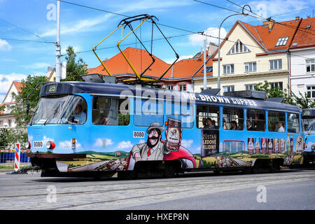 Vintage No 25 tram in Prague City, Czech Republic featuring advertising for Mr Brown coffee. Stock Photo