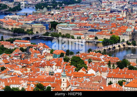 View of Prague (Czech Republic) and the famous Charles Bridge over the River Vitava, as seen from the Petrin lookout tower Stock Photo