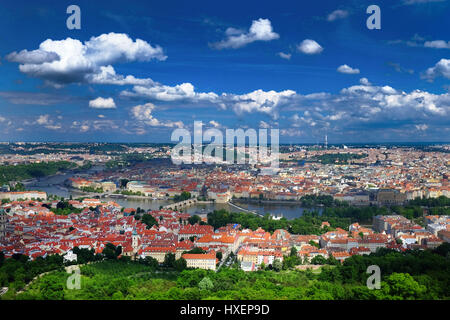 View of Prague (Czech Republic) and the famous Charles Bridge over the River Vitava, as seen from the Petrin lookout tower Stock Photo