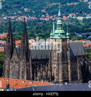 View of Prague (Czech Republic) and the famous Saint Vitus Cathedral , as seen from the Petrin lookout tower Stock Photo