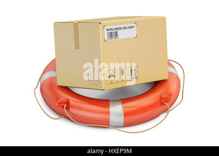 Safety delivery concept. Lifebuoy with cardboard box parcel. 3D rendering isolated on white background Stock Photo