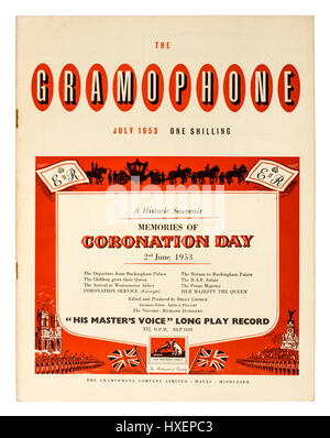 His Master's Voice (HMV) advert on the July 1953 cover of 'The Gramophone' for the official recording of the Coronation of Queen Elizabeth II. Stock Photo