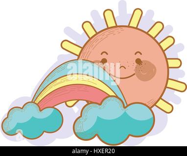 kawaii happy sun with cloud and rainbow Stock Vector