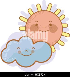 kawaii sun and cloud with cheeks and eyes Stock Vector