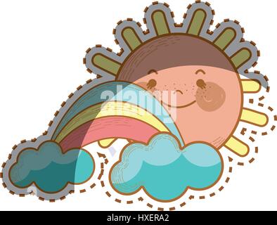 kawaii happy sun with cloud and rainbow Stock Vector