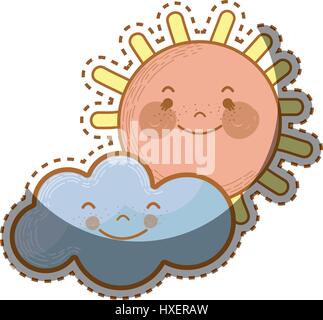 kawaii sun and cloud with cheeks and eyes Stock Vector