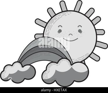 grayscale kawaii happy sun with cloud and rainbow Stock Vector