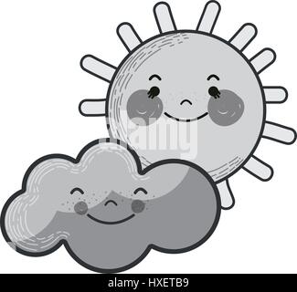 grayscale kawaii sun and cloud with cheeks and eyes Stock Vector