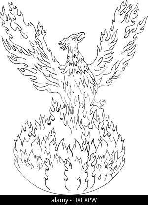 Drawing sketch style illustration of a phoenix rising up from fiery flames, wings raised for flight done in black and white set on isolated white back Stock Vector