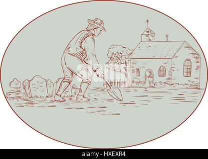 Drawing sketch style illustration of a grave digger in the medieval times holding shovel digging viewed from the side set inside oval shape with churc Stock Vector