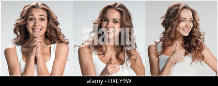 Set of young woman's portraits with different happy emotions Stock Photo