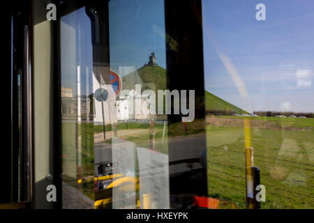 From a tour bus is the Lion's Mound on the Waterloo battlefield,  on 25th March 2017, at Waterloo, Belgium. The Battle of Waterloo was fought on 18 June 1815. A French army under Napoleon Bonaparte was defeated by two of the armies of the Seventh Coalition: an Anglo-led Allied army under the command of the Duke of Wellington, and a Prussian army under the command of Gebhard Leberecht von Blücher, resulting in 41,000 casualties. Stock Photo