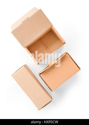 Small cardboard boxes set isolated on white. Top view, clipping path included Stock Photo