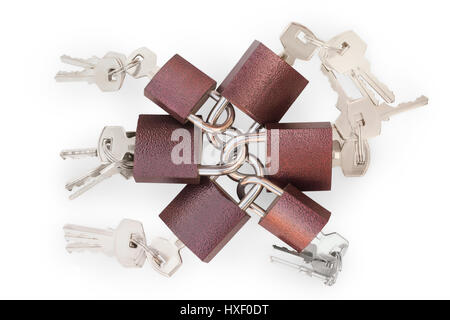 Small linked padlocks with keys. On white, clipping path included. Security, links, tickler, overuse and overcompliance theme Stock Photo