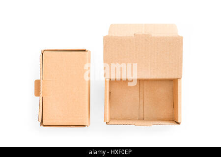 Two small cardboard boxes: open and closed. Top view, isolated on white, clipping path included Stock Photo