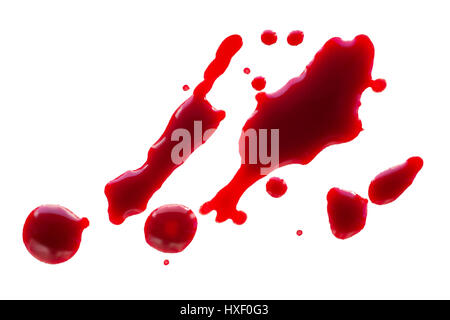 Blood drops close up. Top view isolated on white Stock Photo