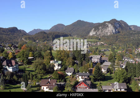 From the cable car you have great panorama view over the rural villages with traditional houses around St. Gilgen in the Salzkammergut valleys in Aust Stock Photo