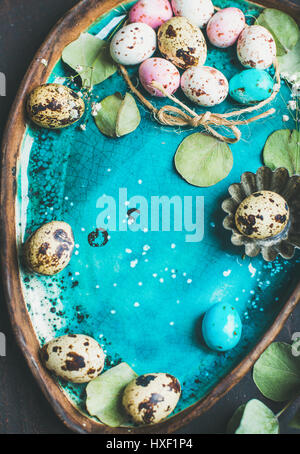 Colorful quail eggs, flowers, leaves for Easter over blue tray Stock Photo