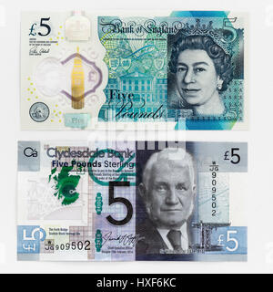 English and Scottish five pound note currency introduced in 2016 Stock Photo