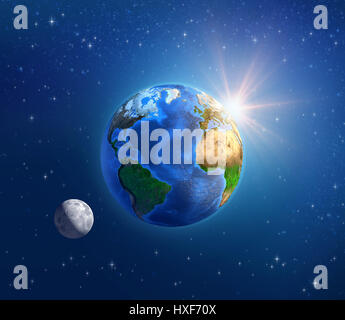 Detailed image of the Earth and its landforms, in moonlight and shining sun, viewed from outer space. Elements of this image furnished by NASA Stock Photo