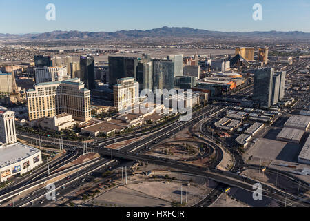 Las Vegas, Nevada, USA - March 13, 2017:  Aerial view of Las Vegas strip resorts and interstate 15 in Southern Nevada. Stock Photo