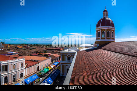 Panoramic View of Granada's plaze mayor from the cathedral's belltower, Granada, Nicaragua Stock Photo