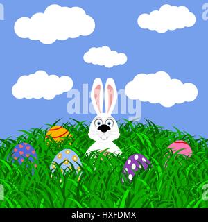 Easter bunny and eggs with stickers on the grass Stock Vector