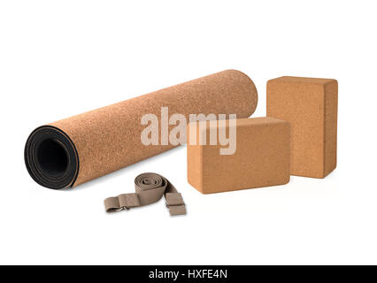 Cork Yoga Mat With Strap, Premium Eco Friendly Product on White Background Stock Photo