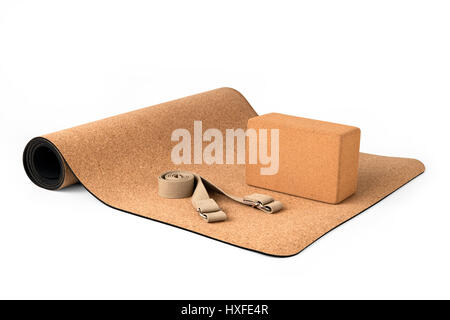 Cork Yoga Mat Set With Cork Block and Strap, Premium Eco Friendly Product on White Background Stock Photo