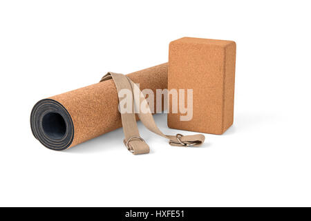 Cork Yoga Mat, Block With Strap, Premium Eco Friendly Product on White Background Stock Photo