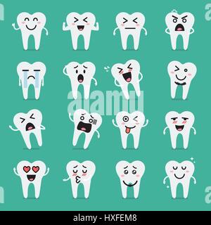 Tooth character emoji set. Funny cartoon emoticons Stock Vector