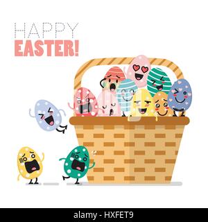 Easter eggs character in basket. Flat stle design Stock Vector