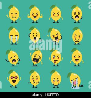 Lemon character emoji set. Funny cartoon emoticons Stock Vector