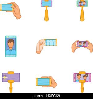 Shooting on cell phone icons set, cartoon style Stock Vector