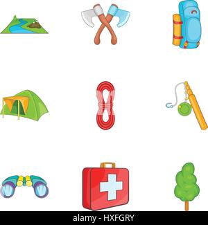 Camping icons set, cartoon style Stock Vector
