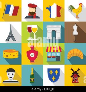 France travel icons set, flat style Stock Vector