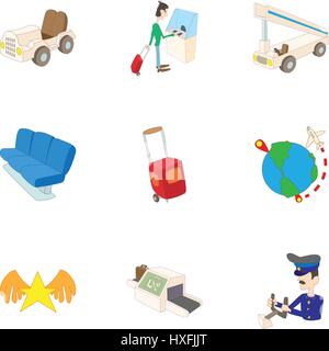 Arrive at airport icons set, cartoon style Stock Vector