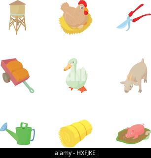 Animal farm icons set, cartoon style Stock Vector