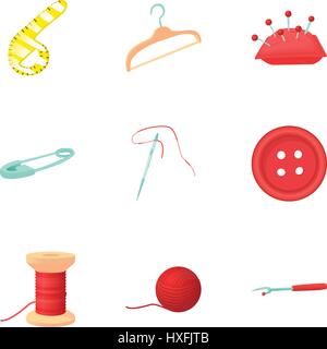 Needlework icons set, cartoon style Stock Vector